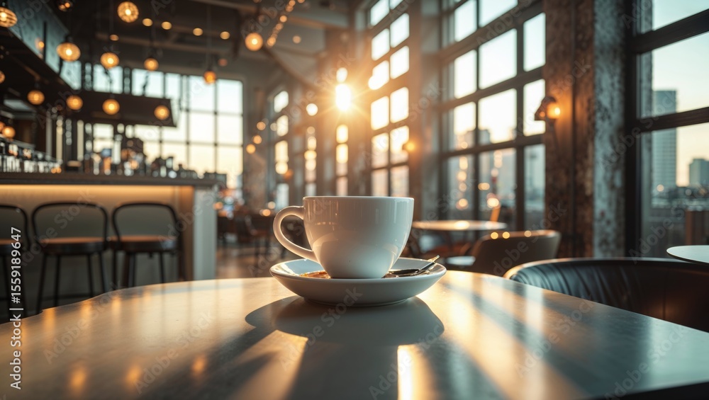 Enjoy the morning in a modern cafe with a warm cup of coffee on the table. Enjoy the morning in a modern cafe with a warm cup of coffee on the table.