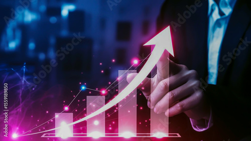 A rising arrow illustrates a successful business as it follows a powerful growth strategy achieving goals through strategic planning development and consistent execution for sustainable expansion