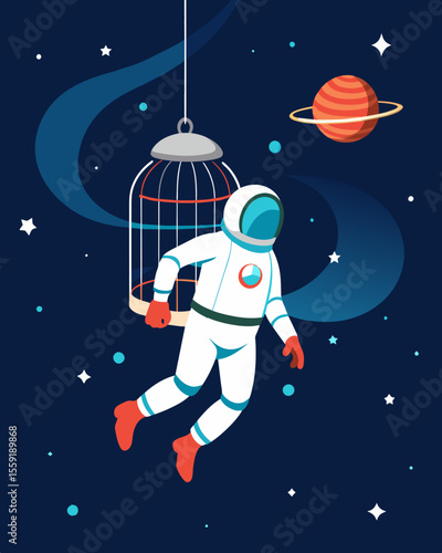 An astronaut floating in space but with a cage mask over their head signifying the isolation and confinement of a mind ped in its own realm.. Vector illustration