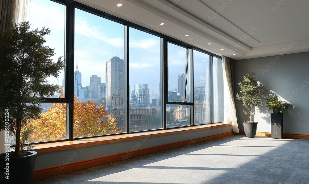 Fototapeta premium Modern City View Office Interior with Large Windows