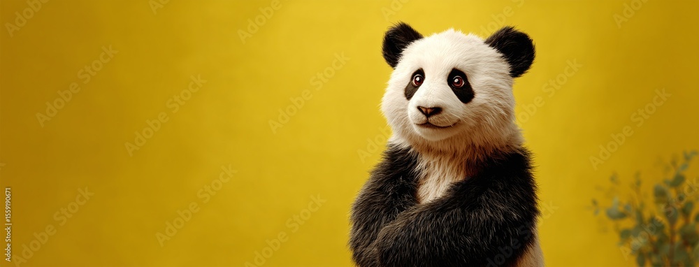 Fototapeta premium Cute Panda Portrait Against Bright Yellow Background