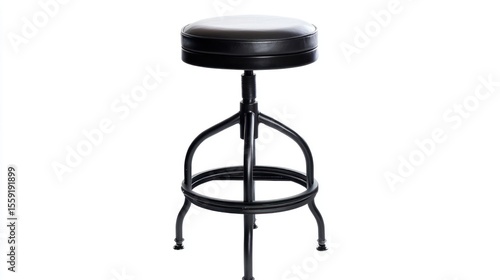 Black metal bar stool with round cushioned seat isolated on white background
