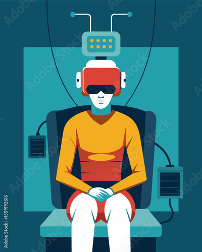 An unsettling image of a person sped to a chair with a helmetlike device covering their head wires attached to their temples and a screen displaying hypnotic patterns in front of. Vector illustration