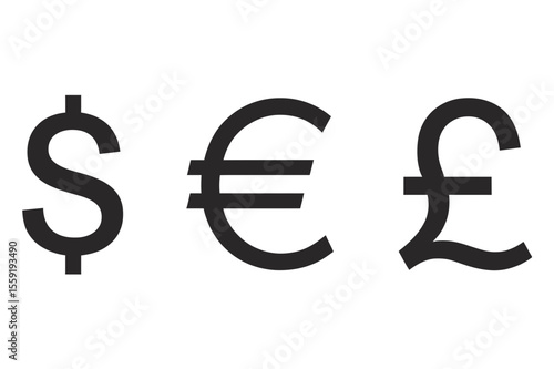 Illustration of three currency symbols dollar euro and pound in black color