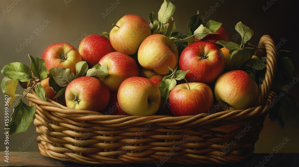 A wicker basket filled with fresh red and yellow apples A wicker basket filled with fresh red and yellow apples