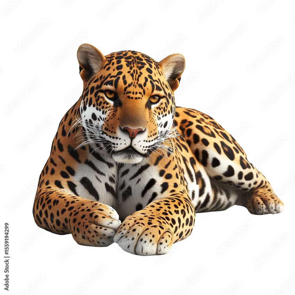 Obraz premium Majestic jaguar resting on black background showcasing its spotted coat and intense gaze