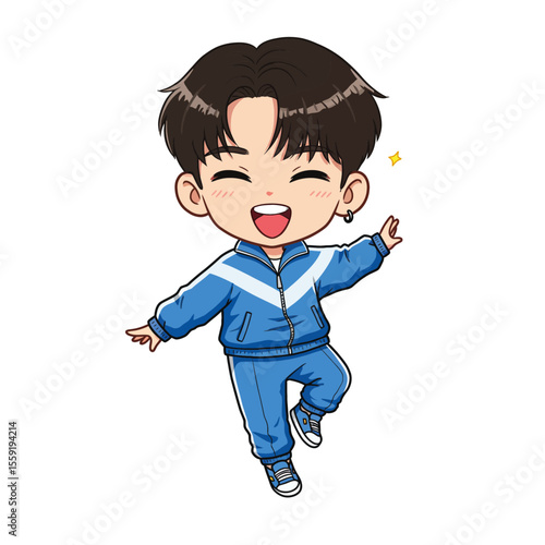 Chibi Boy in Blue Tracksuit Jumping Happily - Editable Vector Art