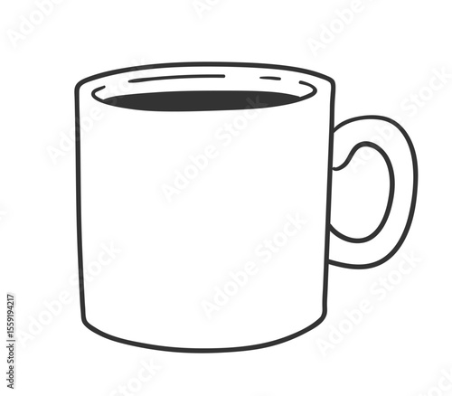 Vector minimal line art isolated illustration of a plain coffee mug filled with dark liquid in black and white.
