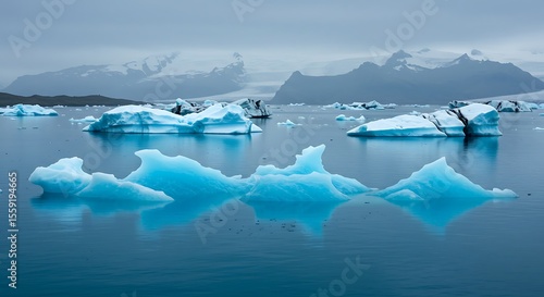 A breathtaking and moody landscape of the Jökulsárlón glacier lagoon in Iceland. Luminous, electric blue icebergs, calved from the distant Vatnajökull glacier, float serenely in the still, dark water.