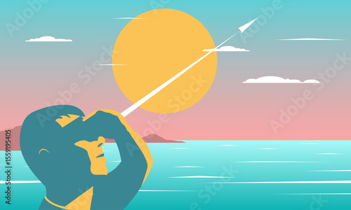 Minimal vector of a man observing a space rocket soaring toward the sky over an ocean horizon at sunset. Represents ambition, innovation, and the pursuit of the future.