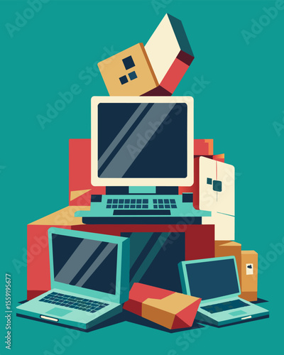 A heap of outdated laptops some with missing keys and cracked screens filling up a storage room in an outdated office building.. Vector illustration