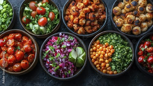 Colorful assortment of small bowls filled with various salads, roasted vegetables, and meatballs