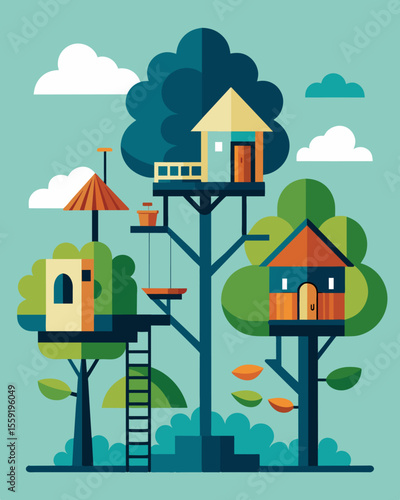 Each treehouse is uniquely designed with a mix of natural elements and modern amenities making it a stimulating workspace.. Vector illustration
