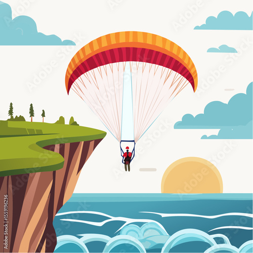 vector illustration of a paraglider soaring above a coastal cliff with ocean waves below