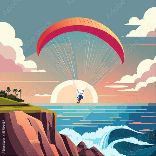 vector illustration of a paraglider soaring above a coastal cliff with ocean waves below
