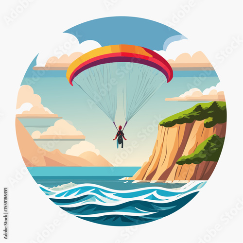vector illustration of a paraglider soaring above a coastal cliff with ocean waves below