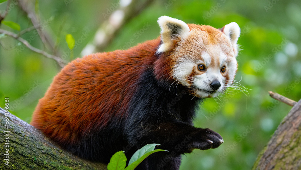 Naklejka premium Red panda resting on mossy tree branch animal wildlife
