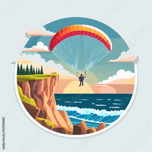 vector illustration of a paraglider soaring above a coastal cliff with ocean waves below