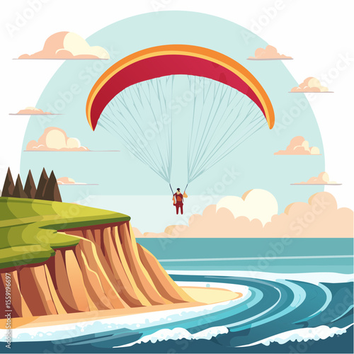 vector illustration of a paraglider soaring above a coastal cliff with ocean waves below