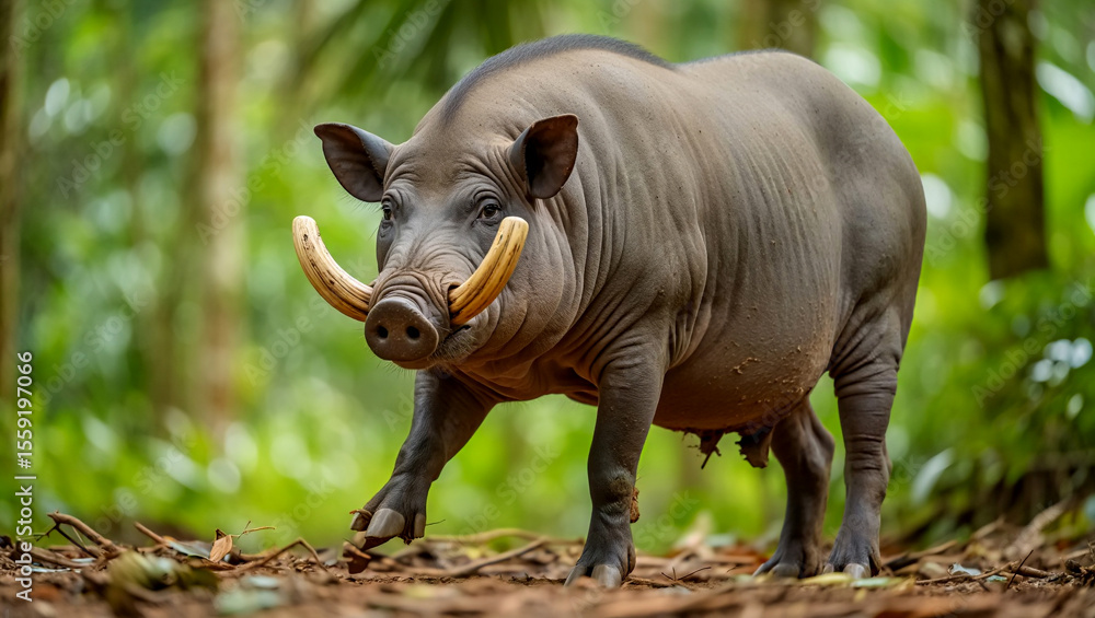 Obraz premium Wild boar with curved tusks in forest babirusa wild pig