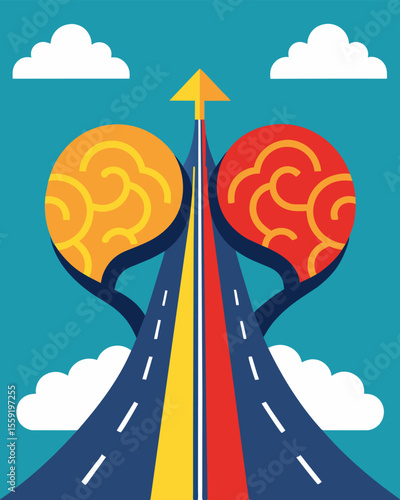 The mind as a divided highway with two opposing lanes clashing and causing dissonance.. Vector illustration