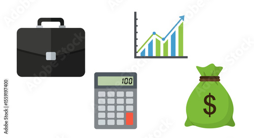 Business icons Black briefcase financial chart calculator and money bag.