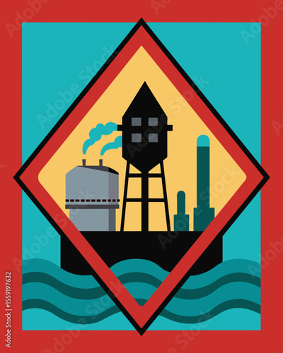 A drinking water reservoir closed for contamination due to a nearby chemical plants spills and leaks.. Vector illustration