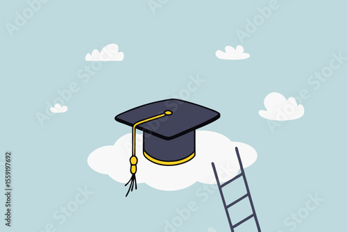 High education, cost and expense to graduate high degree education concept, graduation cap on high cloud with ladder.