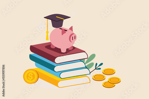 Education fund, collect money for school, college and university cost or student scholarship or loan concept, pink piggy bank wearing graduated hat on stack on school textbooks and dollar money coins.