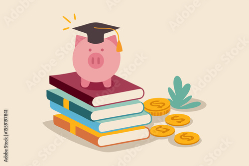 Education fund, collect money for school, college and university cost or student scholarship or loan concept, pink piggy bank wearing graduated hat on stack on school textbooks and dollar money coins.