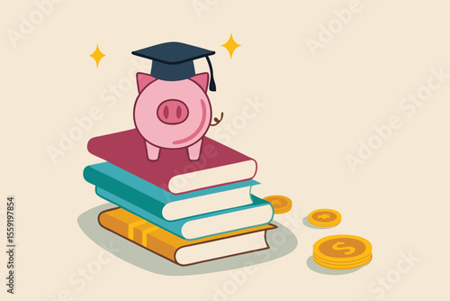 Education fund, collect money for school, college and university cost or student scholarship or loan concept, pink piggy bank wearing graduated hat on stack on school textbooks and dollar money coins.