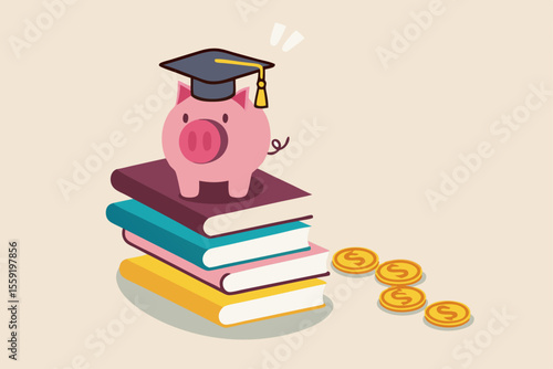 Education fund, collect money for school, college and university cost or student scholarship or loan concept, pink piggy bank wearing graduated hat on stack on school textbooks and dollar money coins.
