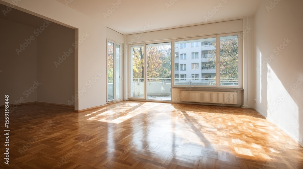 Obraz premium Bright sunlit modern empty apartment interior with wooden parquet flooring and large windows showing city view perfect for real estate promotions, rental ads and architecture portfolios