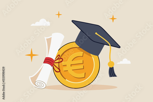 Education cost, tuition or scholarship, money for university or graduation, school expense or student debt, college diploma concept, Euro money coin with mortarboard graduation cap and certificate.