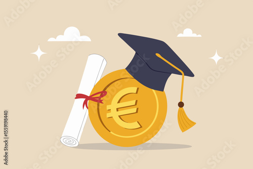 Education cost, tuition or scholarship, money for university or graduation, school expense or student debt, college diploma concept, Euro money coin with mortarboard graduation cap and certificate.