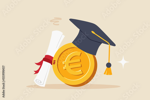 Education cost, tuition or scholarship, money for university or graduation, school expense or student debt, college diploma concept, Euro money coin with mortarboard graduation cap and certificate.