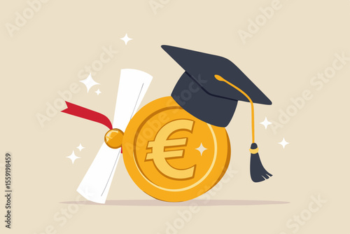 Education cost, tuition or scholarship, money for university or graduation, school expense or student debt, college diploma concept, Euro money coin with mortarboard graduation cap and certificate.