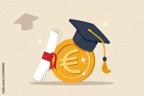 Education cost, tuition or scholarship, money for university or graduation, school expense or student debt, college diploma concept, Euro money coin with mortarboard graduation cap and certificate.