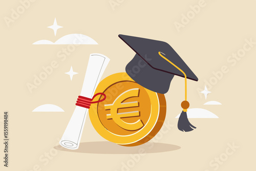 Education cost, tuition or scholarship, money for university or graduation, school expense or student debt, college diploma concept, Euro money coin with mortarboard graduation cap and certificate.