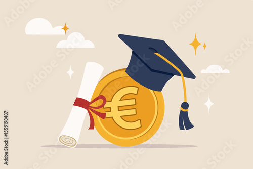 Education cost, tuition or scholarship, money for university or graduation, school expense or student debt, college diploma concept, Euro money coin with mortarboard graduation cap and certificate.