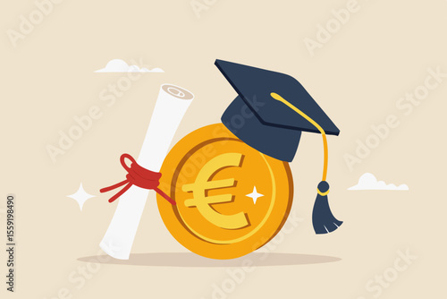 Education cost, tuition or scholarship, money for university or graduation, school expense or student debt, college diploma concept, Euro money coin with mortarboard graduation cap and certificate.