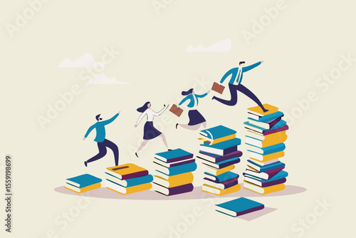 Knowledge or education to help business success, wisdom or learning to help employee achieve goal, training or education course concept, people running on growth book stack to achieve goal.