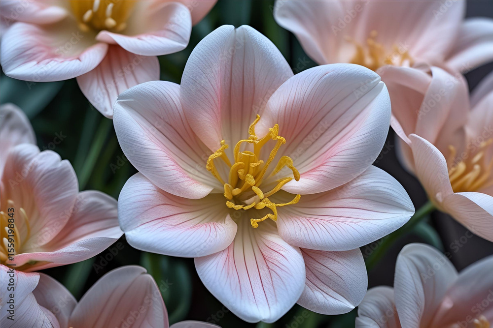 Fototapeta premium A beautiful close-up of delicate white and pink cosmos flowers.