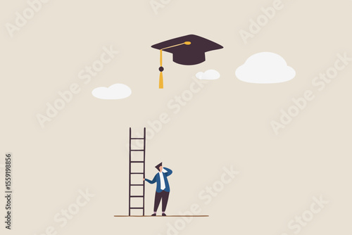 Education cost, expensive school or university cost, education gap or scholarship opportunity concept, poor man with too short ladder to climb to reach high graduated mortarboard on the cloud.