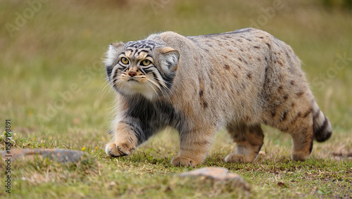 Pallas cat walking on grassy terrain wild cat feline