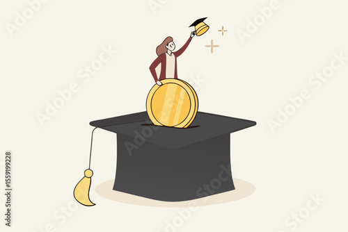 Education fund for college, saving for school or university tuition fee, study cost or training expense concept, young woman insert money coin into mortarboard saving box while holding degree scroll.
