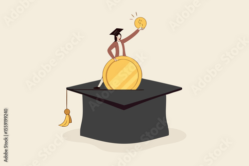 Education fund for college, saving for school or university tuition fee, study cost or training expense concept, young woman insert money coin into mortarboard saving box while holding degree scroll.