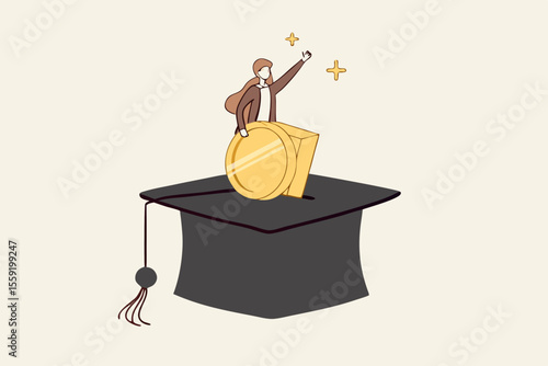 Education fund for college, saving for school or university tuition fee, study cost or training expense concept, young woman insert money coin into mortarboard saving box while holding degree scroll.