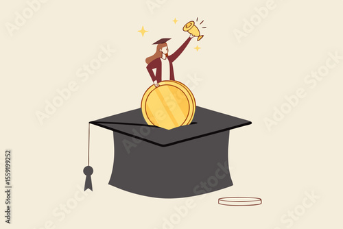 Education fund for college, saving for school or university tuition fee, study cost or training expense concept, young woman insert money coin into mortarboard saving box while holding degree scroll.