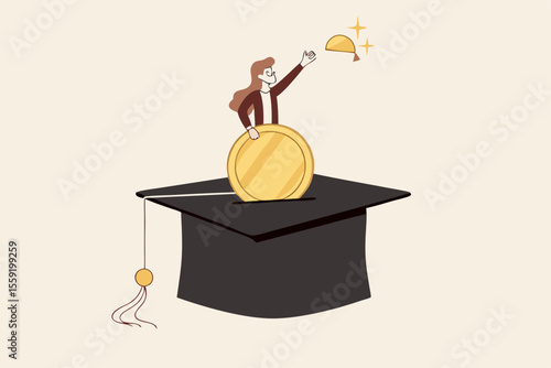 Education fund for college, saving for school or university tuition fee, study cost or training expense concept, young woman insert money coin into mortarboard saving box while holding degree scroll.